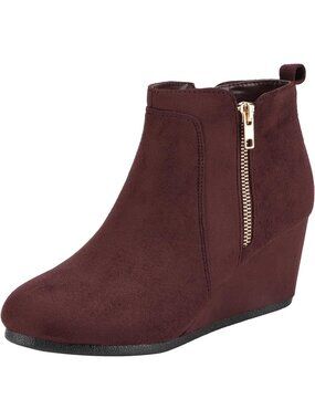 Women's Burgundy Faux Suede Cushioned Insole Fashion Wedges Casual Ankle Boots